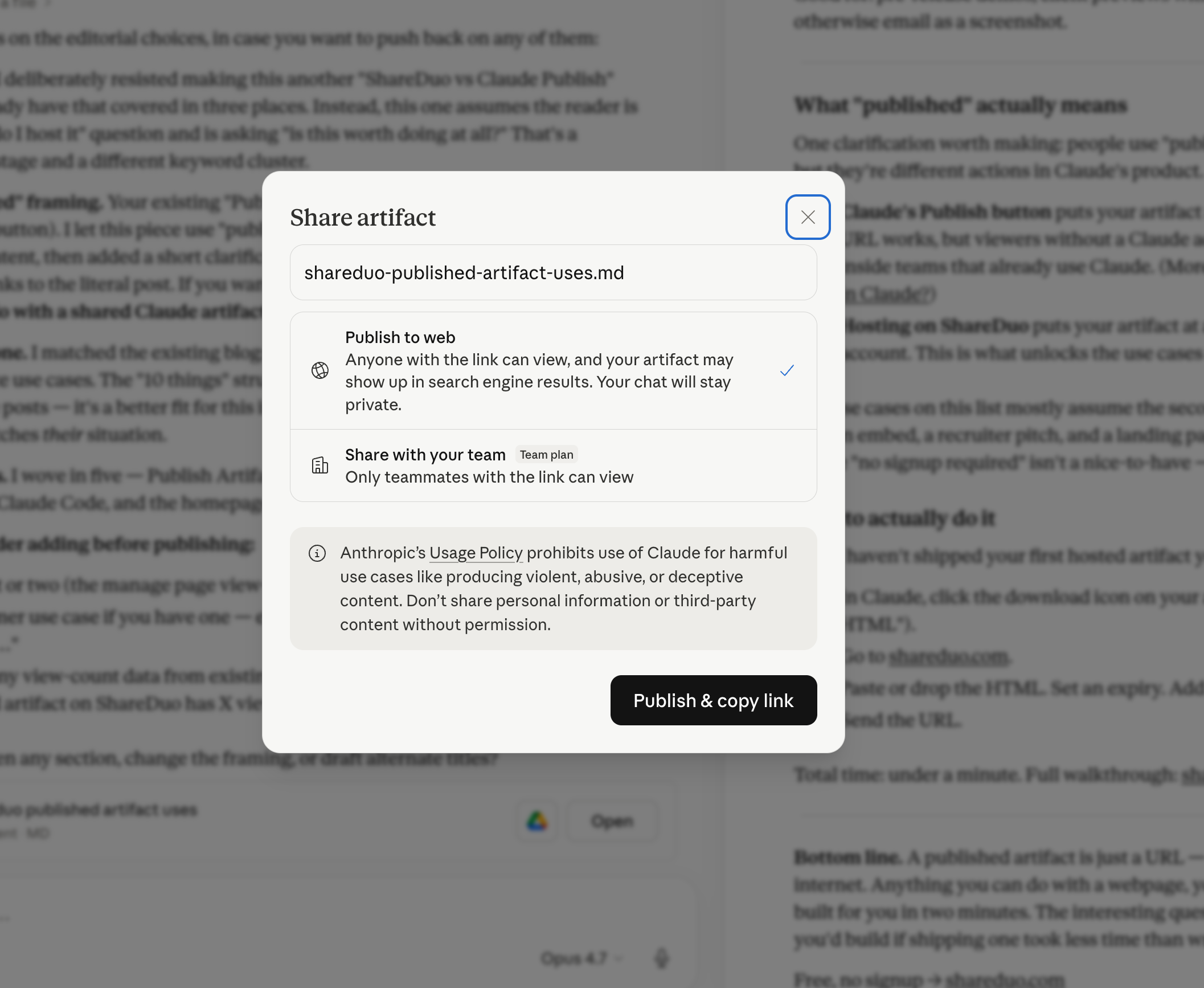 Claude's Share artifact dialog showing Publish to web and Share with your team options
