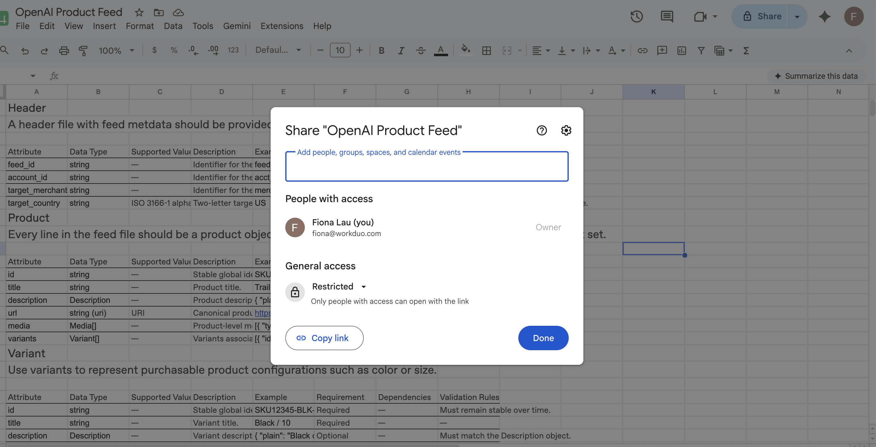 Google Drive share dialog showing the Restricted access mode — only people with access can open the link