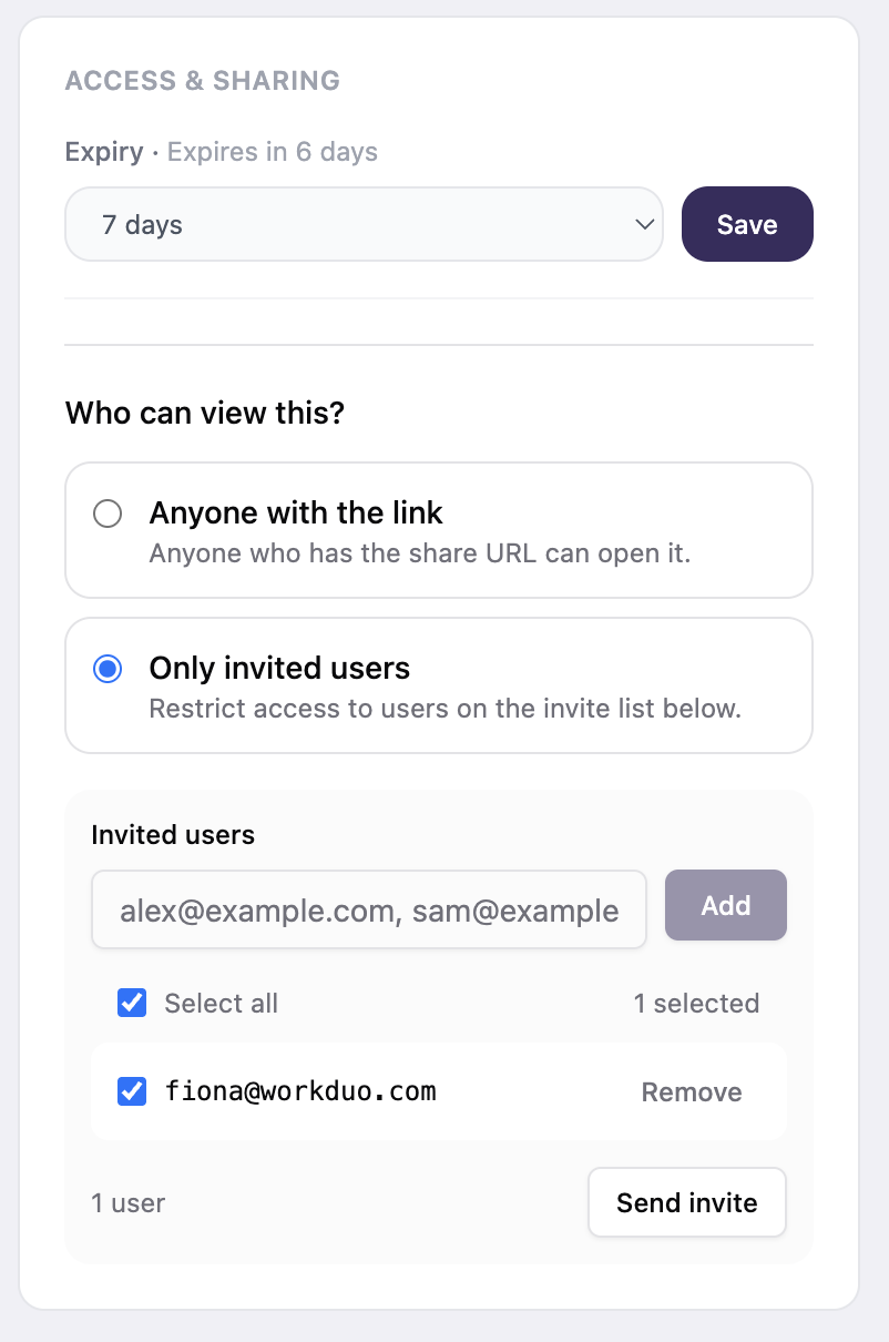 ShareDuo manage page showing the 'Only invited users' option selected, an email input field, one invited user listed, and a Send invite button