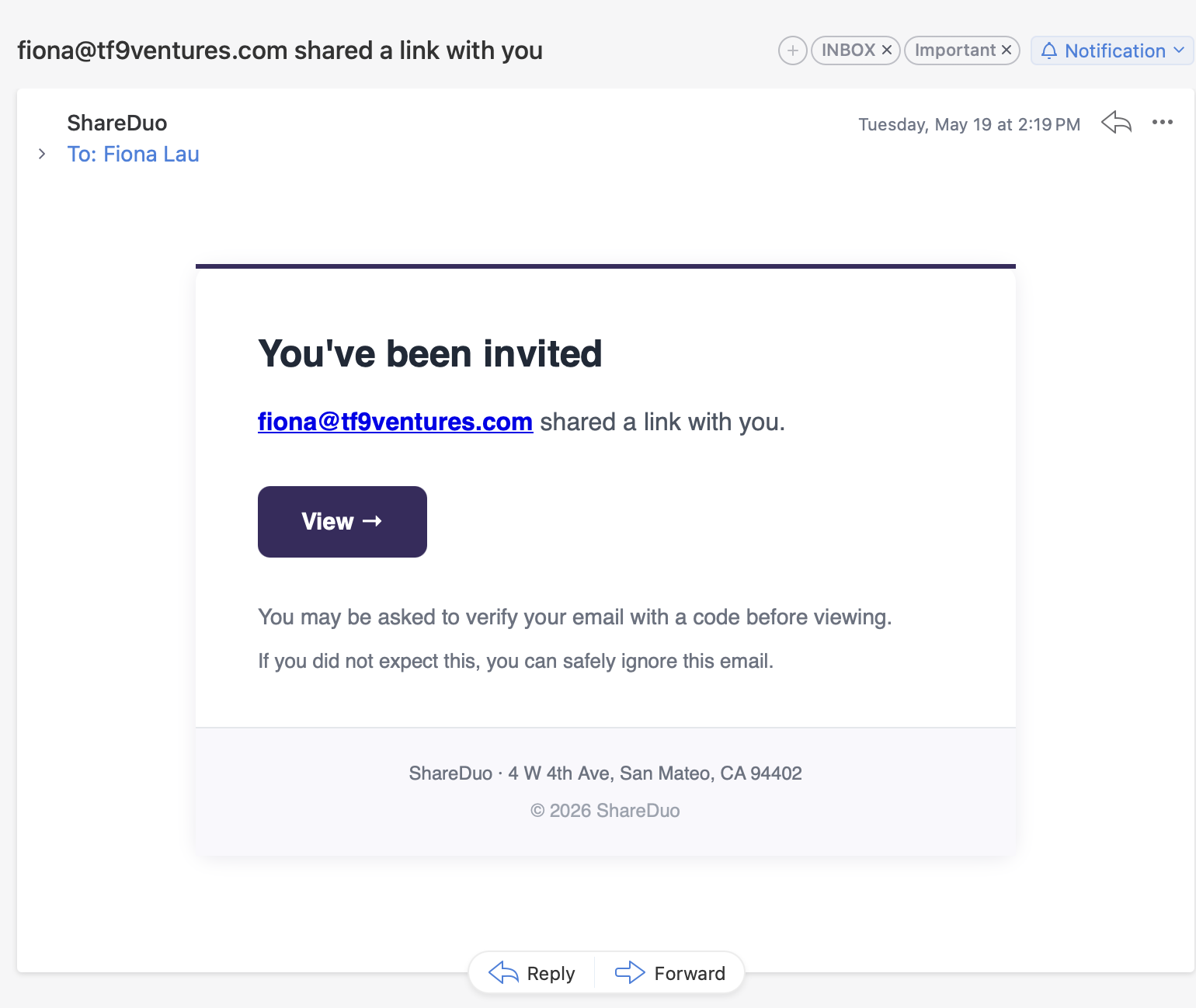 ShareDuo invite email showing 'You've been invited', the sender's email address, and a View button