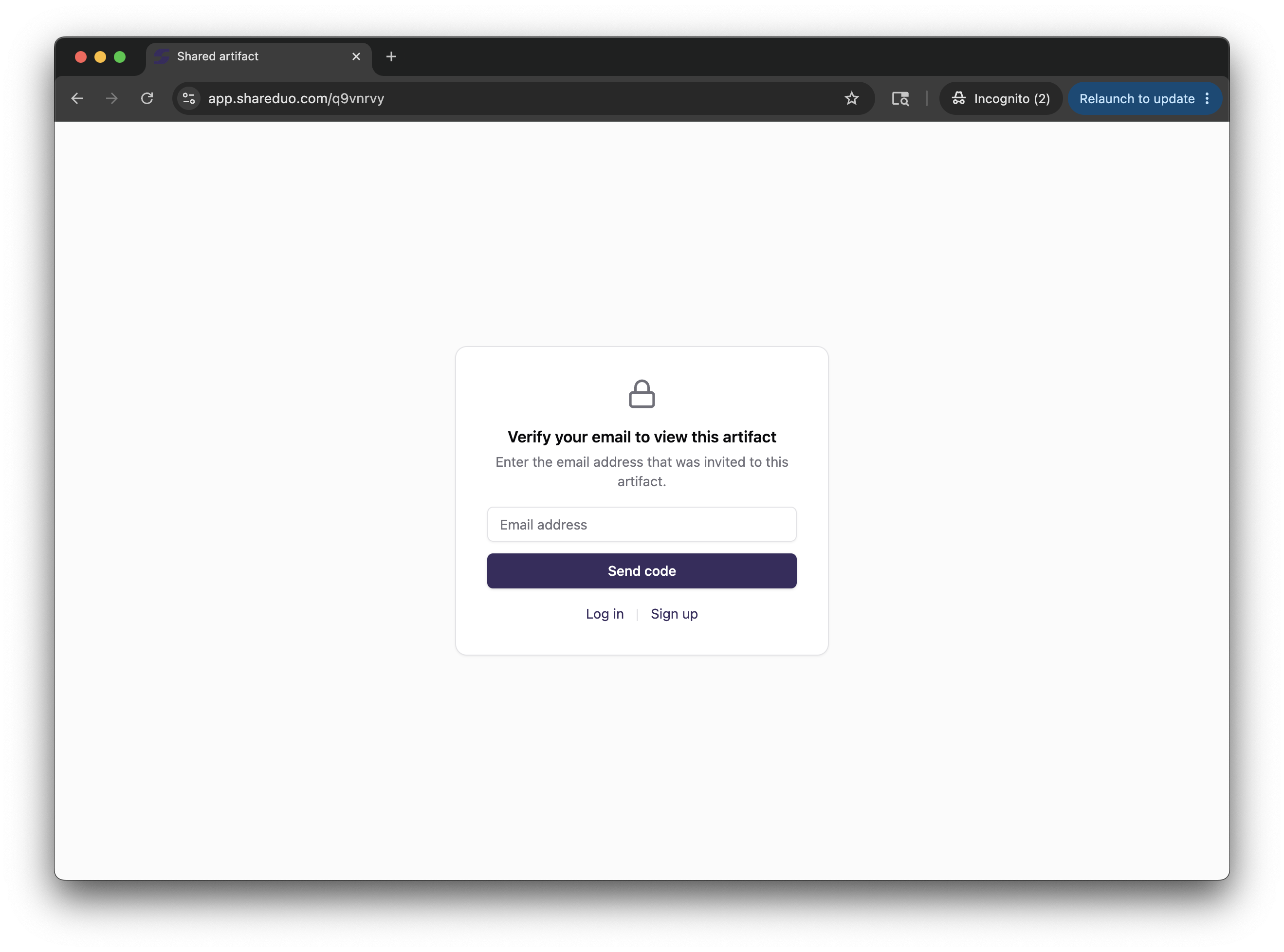 ShareDuo email verification page showing 'Verify your email to view this artifact', an email input field, and a Send code button