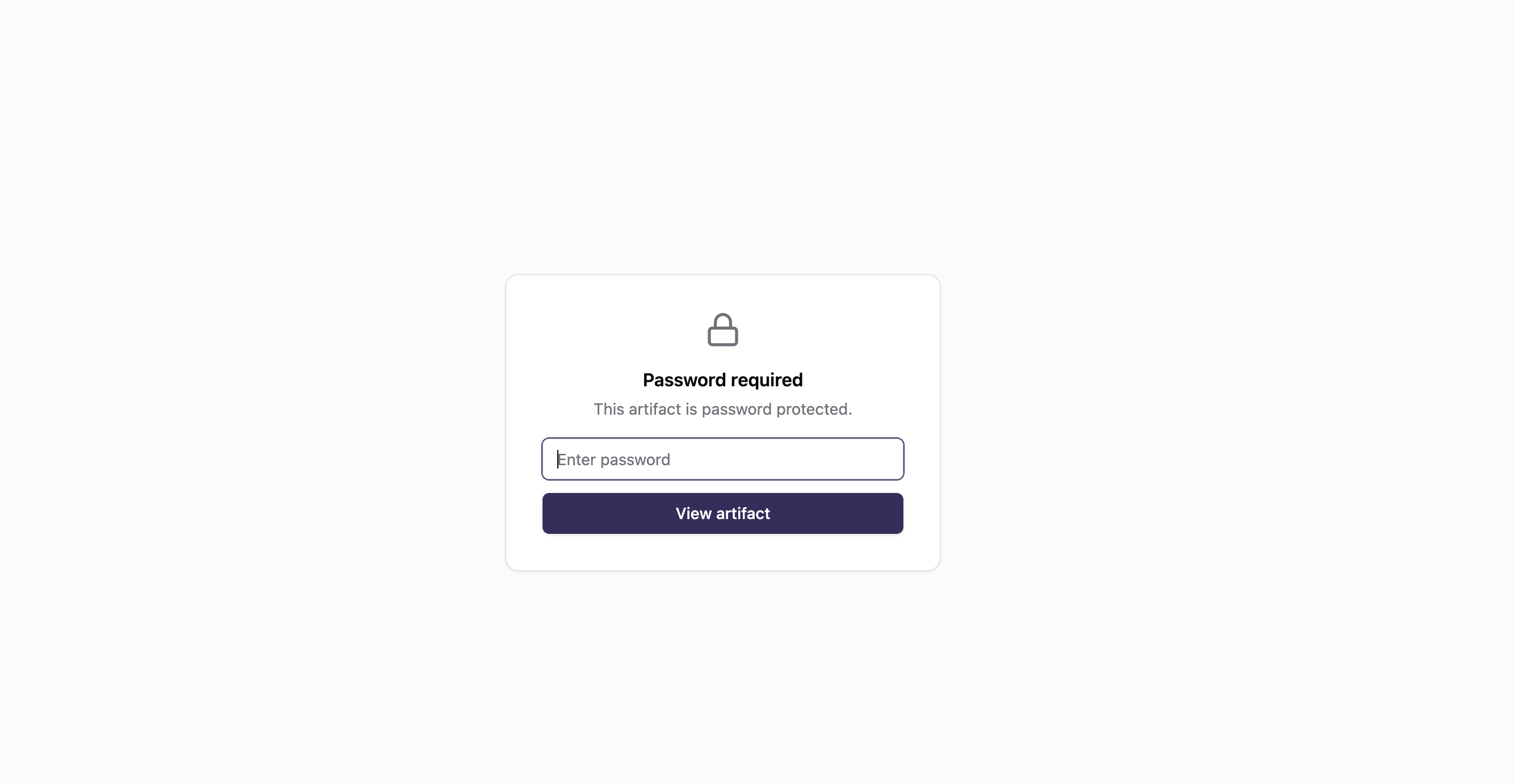 ShareDuo password-protected artifact page showing a lock icon, 'Password required' heading, password input field, and View artifact button