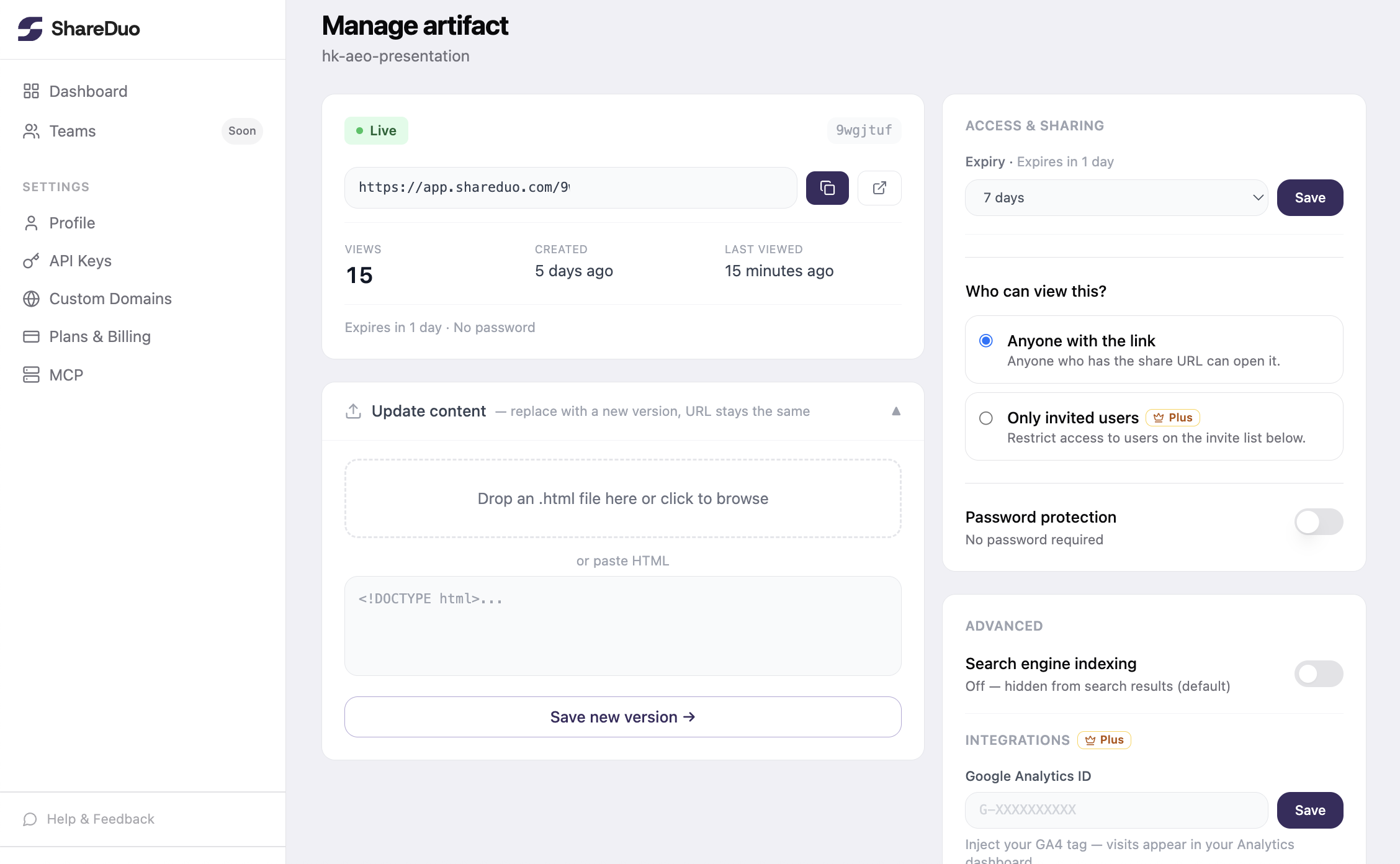 ShareDuo manage artifact page showing view count, expiry, password protection and Google Analytics settings
